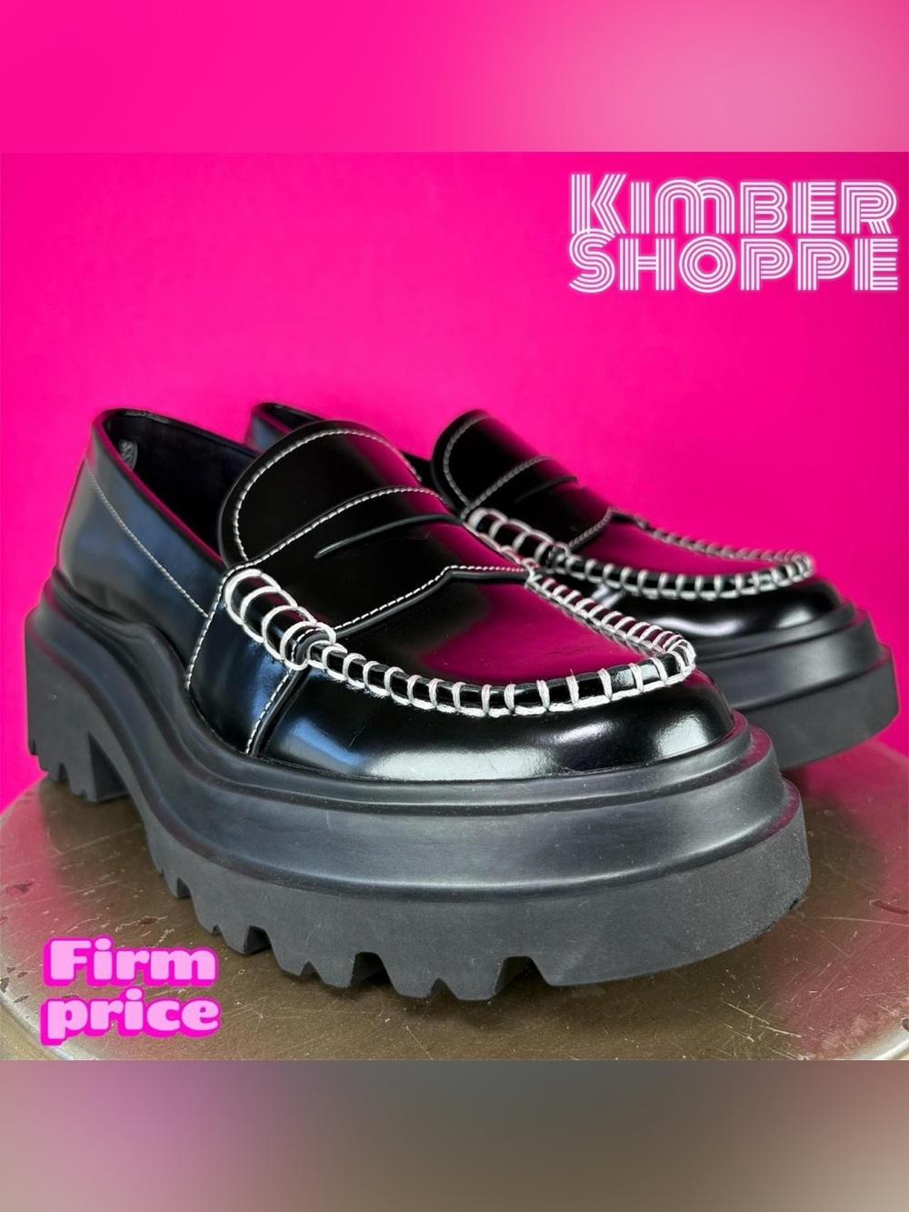 G.H. Bass Black Leather White Stitch Platform Lug Sole Loafer US 8 EU 39 UK 6